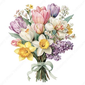 Può includere: Illustrazione ad acquerello di un bouquet di fiori primaverili. La composizione comprende tulipani rosa e viola, narcisi bianchi con centri gialli e rametti di lilla. Gli steli sono legati con un nastro verde chiaro.