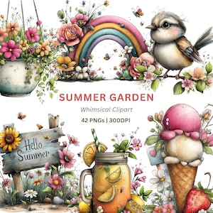 Zomerclipart, png-bestand, 42 illustraties van aquarel tuinfruit en bloemen