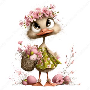 May include: A charming cartoon duckling wearing a floral crown and a green dress with a white floral pattern. The duckling holds a basket of pink Easter eggs and stands near pink flowers and eggs, perfect for Easter.