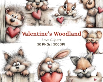 Valentine Woodland Animals Clipart PNG, Whimsical Forest Creatures with Hearts, Love Graphics