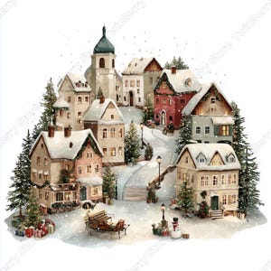 Puede incluir: Ilustraci&oacute;n en acuarela de un pueblo nevado con casas, una iglesia y &aacute;rboles. Las casas son de varios colores, con nieve en los tejados. Un banco, un trineo y un mu&ntilde;eco de nieve est&aacute;n en primer plano.