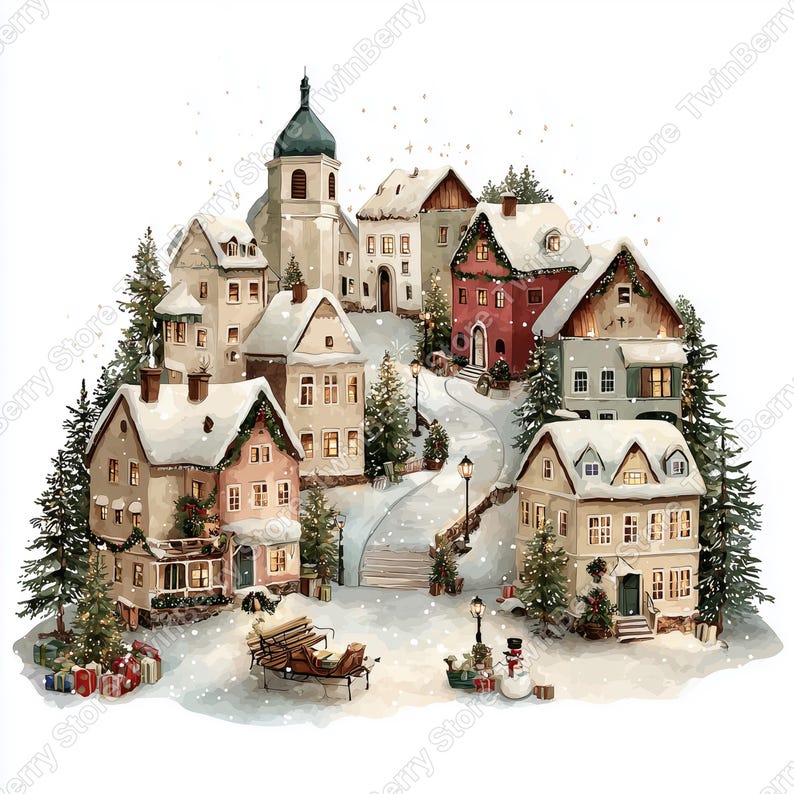 Puede incluir: Ilustraci&oacute;n en acuarela de un pueblo nevado con casas, una iglesia y &aacute;rboles. Las casas son de varios colores, con nieve en los tejados. Un banco, un trineo y un mu&ntilde;eco de nieve est&aacute;n en primer plano.