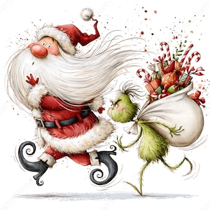 Op de afbeelding: Een grillige illustratie van de Kerstman met een lange witte baard en rood pak, rennend naast een groen, harig wezen dat een grote witte zak draagt die uitpuilt van kleurrijke ingepakte cadeaus en rood-witte zuurstokken.
