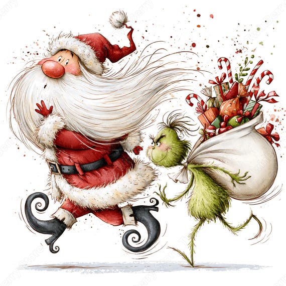 Funny Santa Clipart PNG, 27 Whimsical Christmas Graphics, Santa with Green Friend Carrying Gifts for Cards & Sublimation