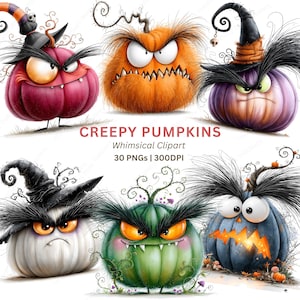 May include: A collection of six cartoon pumpkins with expressive faces, some wearing witch hats, in colors including red, orange, purple, white, green, and blue. The text reads CREEPY PUMPKINS Whimsical Clipart 30 PNGs | 300DPI.