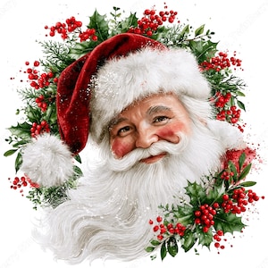 May include: A digital illustration of Santa Claus wearing a red velvet hat with white fur trim, featuring a long white beard and rosy cheeks. Santa is framed by a circular arrangement of green holly leaves and bright red berries on a white background.