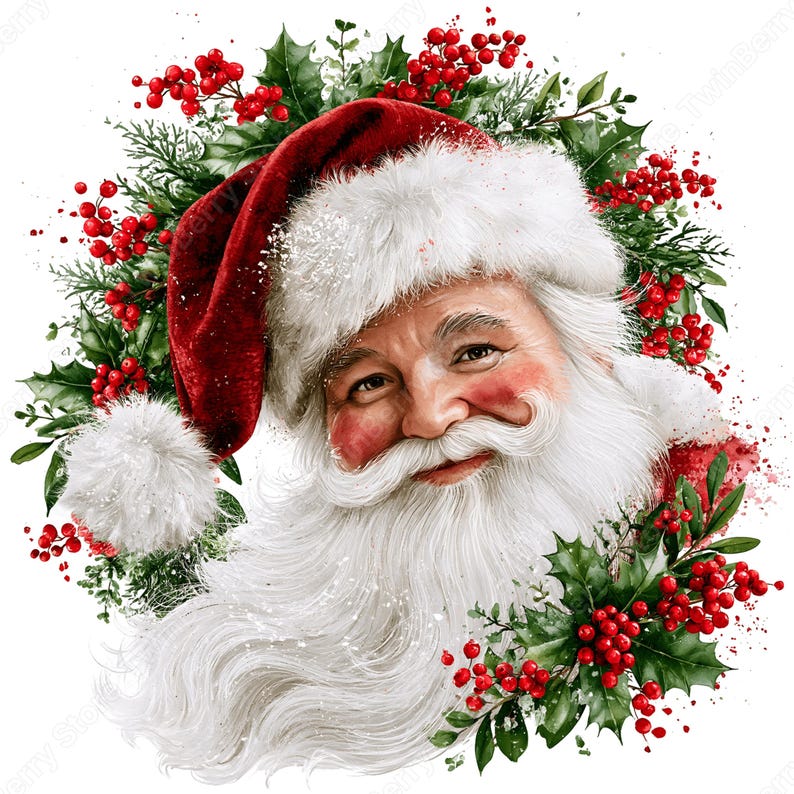 May include: A digital illustration of Santa Claus wearing a red velvet hat with white fur trim, featuring a long white beard and rosy cheeks. Santa is framed by a circular arrangement of green holly leaves and bright red berries on a white background.