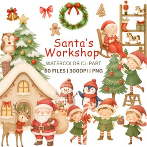 Könnte beinhalten: Aquarell-Clipart-Set mit dem Titel "Santa's Workshop" mit festlichen Illustrationen von Weihnachtsmann, Elfen, einem Schneemann und Weihnachtsdekorationen. Enthält einen Weihnachtsbaum, einen Kranz und einen Lebkuchenmann. Der Text lautet "60 FILES | 300DPI | PNG".