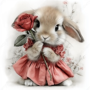 May include: A charming illustration of a bunny holding a red rose. The bunny wears a pink dress with a fur collar. The background features soft floral elements, creating a whimsical and romantic scene.
