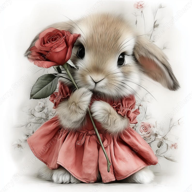 May include: A charming illustration of a bunny holding a red rose. The bunny wears a pink dress with a fur collar. The background features soft floral elements, creating a whimsical and romantic scene.