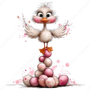 May include: A whimsical illustration of a white duck with rosy cheeks and large eyes, standing atop a stack of pink Easter eggs. The duck has outstretched wings and orange feet and beak. Pink watercolor accents and floral details add to the festive design.