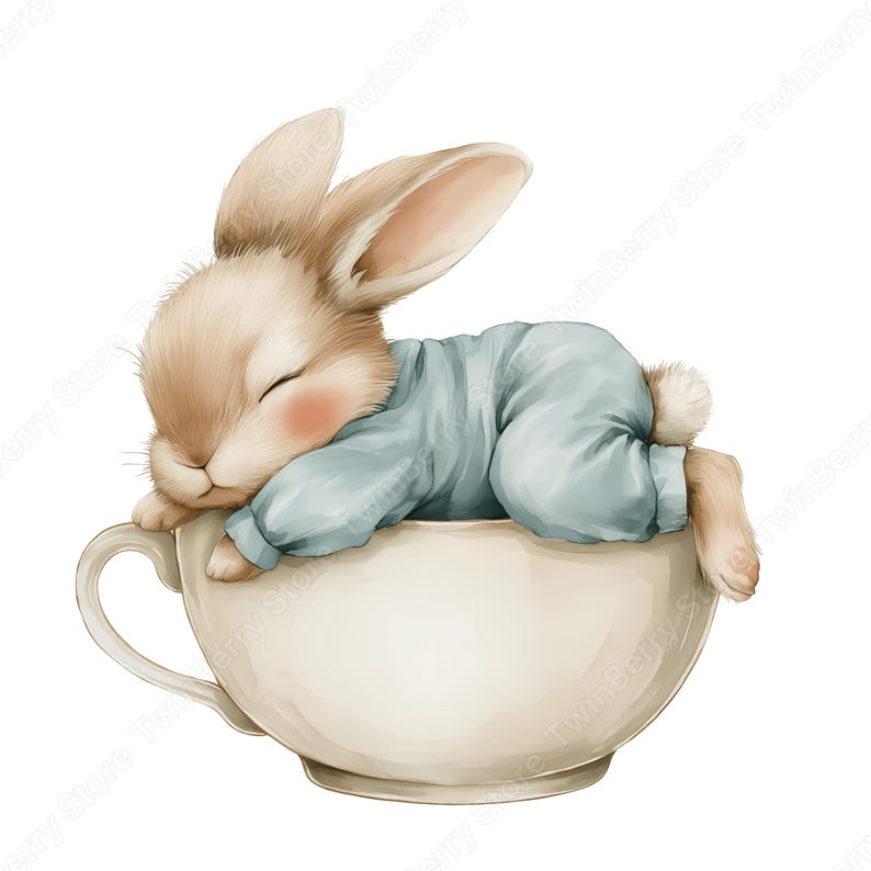May include: A watercolour illustration of a sleeping bunny in a light blue onesie, resting in a white teacup. The bunny has tan fur, pink cheeks, and closed eyes. The teacup has a curved handle and a wide rim.