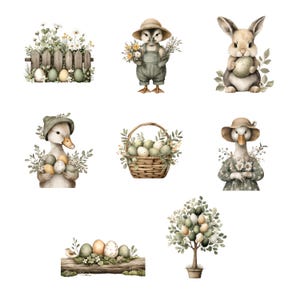 May include: Watercolor illustrations of Easter-themed elements. The image features a variety of charming characters, including a duckling in overalls, a bunny holding an egg, and a goose in a dress. Other elements include a basket of eggs, a tree with egg-shaped leaves, and a wooden fence.