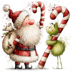 Op de afbeelding: Een aquarelillustratie van de Kerstman met een witte baard, rood pak en een zak versierd met hulst, die een rood-wit gestreepte zuurstok vasthoudt. Naast hem staat een klein, pluizig groen wezen dat een bijpassende zuurstok vasthoudt.