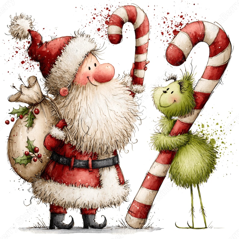 Op de afbeelding: Een aquarelillustratie van de Kerstman met een witte baard, rood pak en een zak versierd met hulst, die een rood-wit gestreepte zuurstok vasthoudt. Naast hem staat een klein, pluizig groen wezen dat een bijpassende zuurstok vasthoudt.