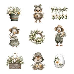May include: Watercolor illustrations of Easter-themed elements. Includes a bucket of eggs and flowers, a chick with a basket of eggs, hanging Easter eggs, a duckling in a dress, a wreath, a duckling in overalls, a sign that says "Happy Easter", a duckling with a hat, and an Easter egg.