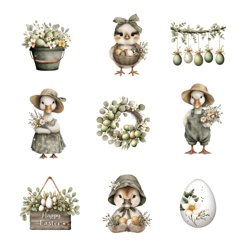 May include: Watercolor illustrations of Easter-themed elements. Includes a bucket of eggs and flowers, a chick with a basket of eggs, hanging Easter eggs, a duckling in a dress, a wreath, a duckling in overalls, a sign that says "Happy Easter", a duckling with a hat, and an Easter egg.