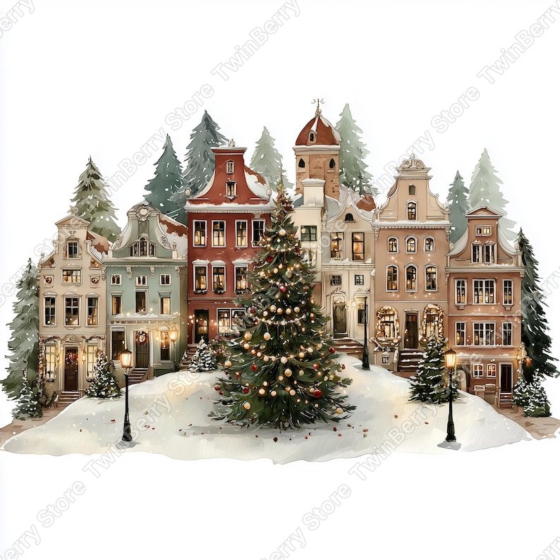 Puede incluir: Ilustraci&oacute;n en acuarela de una escena festiva de un pueblo invernal. Edificios en tonos rojos, beige y azules se asientan en la nieve, con un &aacute;rbol de Navidad decorado y farolas. Hay &aacute;rboles de hoja perenne en el fondo.