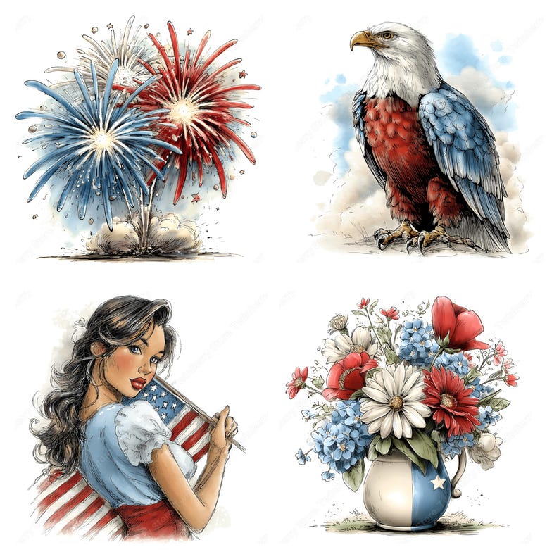 Patriotic Clipart PNG, 28 Watercolor 4th of July With Eagle Fireworks ...