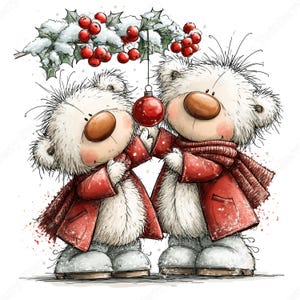 Puede incluir: Dos osos de peluche blancos y esponjosos con abrigos y bufandas rojas bajo una rama de acebo nevada con bayas rojas. Un oso estira la pata hacia un adorno navide&ntilde;o rojo que cuelga de la rama. La ilustraci&oacute;n tiene un fondo de color blanco.