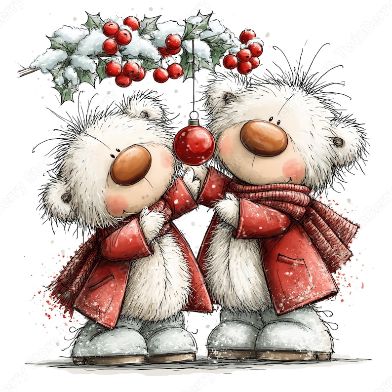 Puede incluir: Dos osos de peluche blancos y esponjosos con abrigos y bufandas rojas bajo una rama de acebo nevada con bayas rojas. Un oso estira la pata hacia un adorno navide&ntilde;o rojo que cuelga de la rama. La ilustraci&oacute;n tiene un fondo de color blanco.