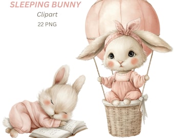 May include: Watercolor illustration featuring two adorable bunnies. One sleeps in pink pajamas next to a book, while the other floats in a wicker basket hot air balloon. The image includes the text "SLEEPING BUNNY Clipart 22 PNG".