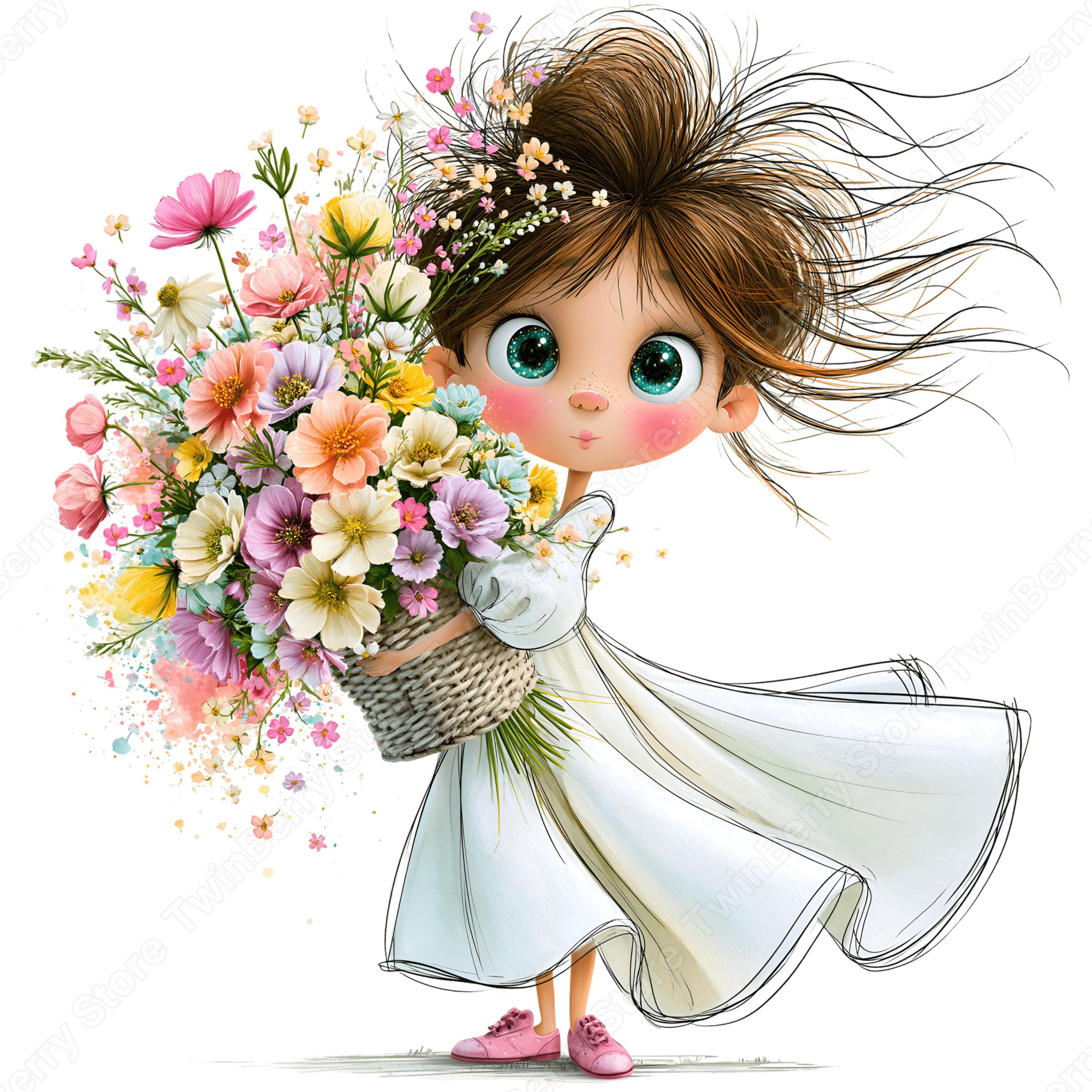 Flower Girl PNG Clipart, 20 Whimsical Watercolor Girls With Flower ...