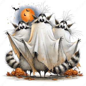 May include: Three raccoons dressed as ghosts in white sheets with large eyes and messy fur. They stand before a bright orange full moon with black bats flying nearby. Several carved orange jack-o'-lanterns and scattered autumn leaves sit at their feet.