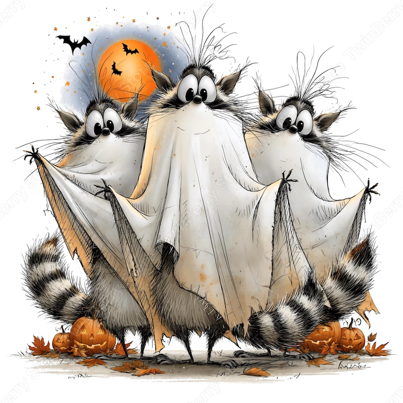 May include: Three raccoons dressed as ghosts in white sheets with large eyes and messy fur. They stand before a bright orange full moon with black bats flying nearby. Several carved orange jack-o'-lanterns and scattered autumn leaves sit at their feet.