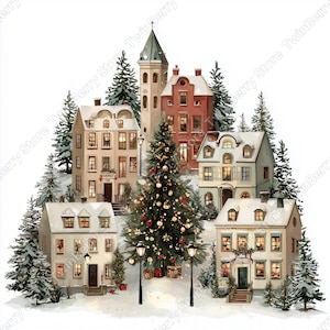Puede incluir: Ilustraci&oacute;n en acuarela de una escena de pueblo nevado con varias casas y una alta torre de iglesia. Un &aacute;rbol de Navidad decorado se alza en el centro, rodeado de &aacute;rboles de hoja perenne y farolas. Las casas tienen ventanas iluminadas.