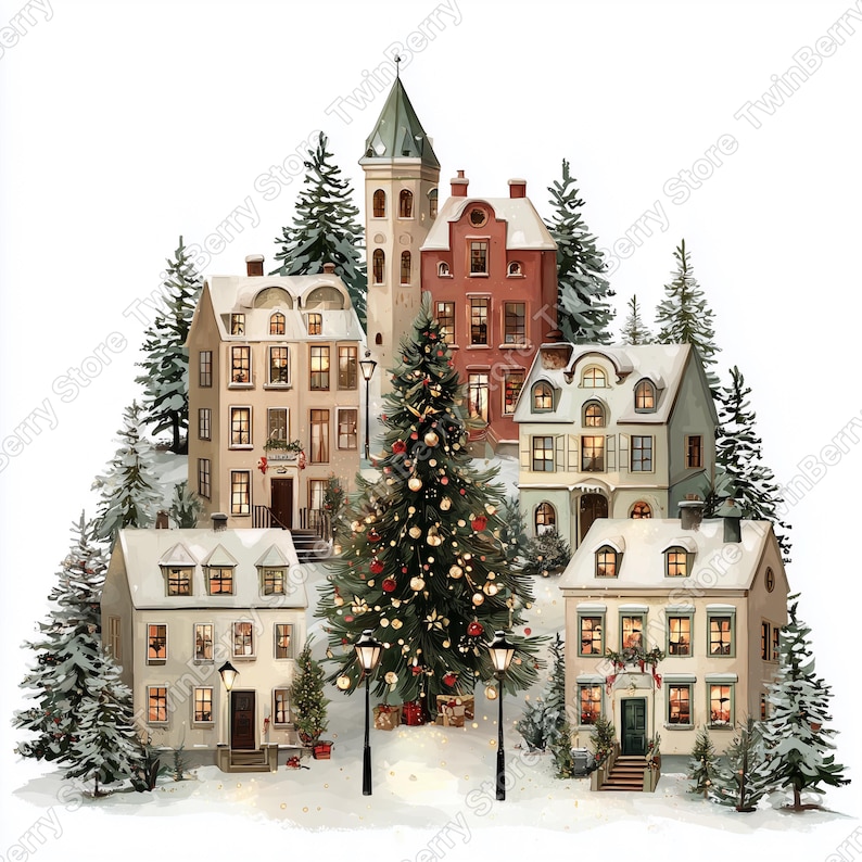 Puede incluir: Ilustraci&oacute;n en acuarela de una escena de pueblo nevado con varias casas y una alta torre de iglesia. Un &aacute;rbol de Navidad decorado se alza en el centro, rodeado de &aacute;rboles de hoja perenne y farolas. Las casas tienen ventanas iluminadas.