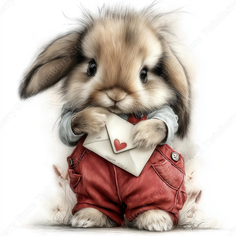 May include: A watercolor illustration of a fluffy brown bunny wearing red overalls and a light blue shirt. The bunny is holding a white envelope with a red heart on it. The image has a soft, dreamy quality.