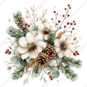May include: A watercolour illustration of a floral arrangement with white flowers, pine cones, red berries, and green foliage. The design includes sprigs of evergreen and eucalyptus leaves, creating a festive, seasonal theme.
