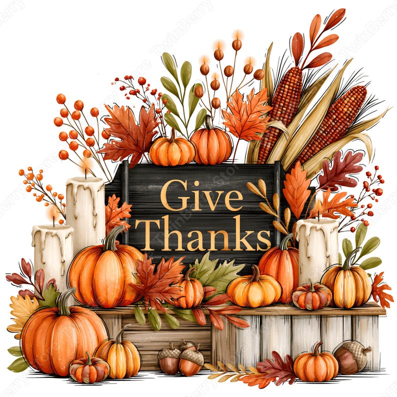 May include: A decorative illustration featuring a black wooden sign with the gold text Give Thanks, surrounded by orange pumpkins, white pillar candles, autumn leaves, red berries, and two ears of corn on a light wooden surface.