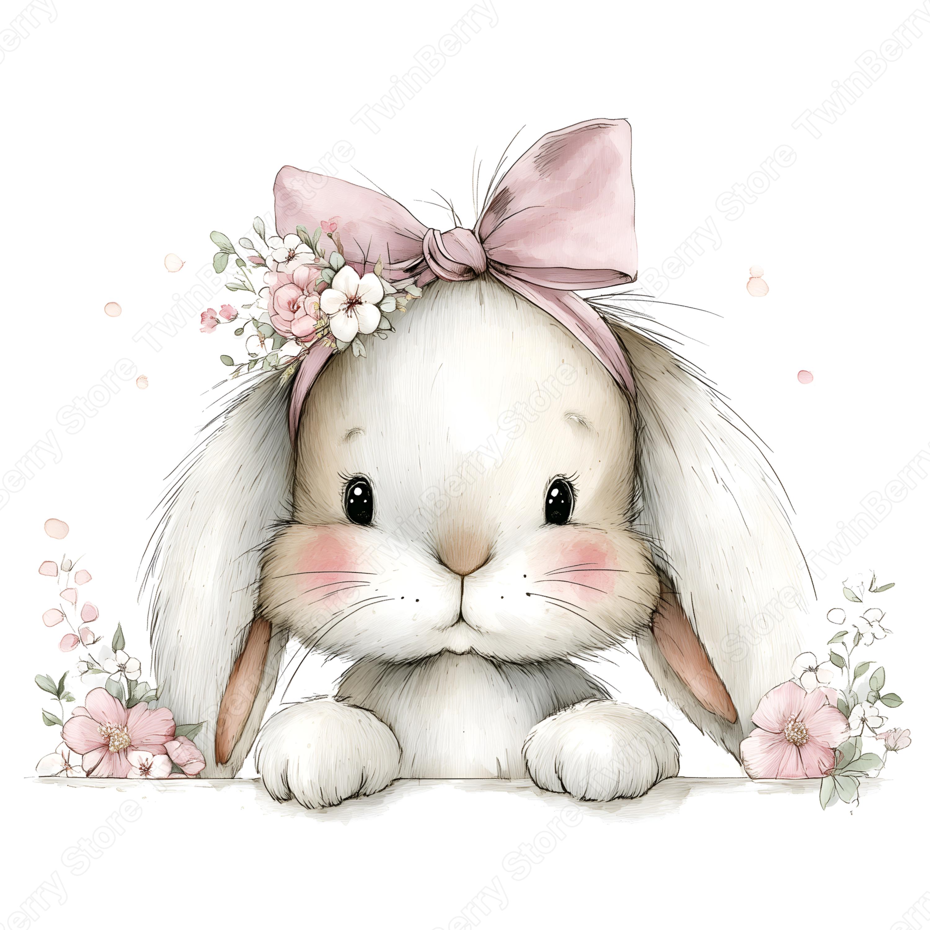Pink Rabbit Jpeg Pink Bunny JPEG, 18 Whimsical Rabbit Clipart With Bows for Baby Shower ...