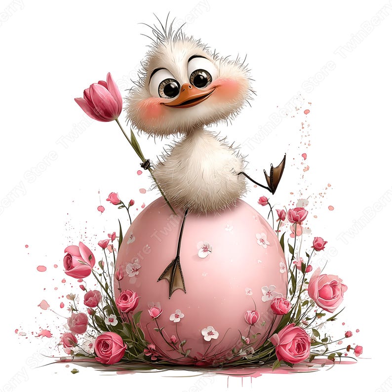 May include: A whimsical illustration of a fluffy white chick with rosy cheeks, holding a pink tulip. The chick sits atop a large pink egg adorned with small white flowers, surrounded by pink roses and greenery, perfect for Easter.