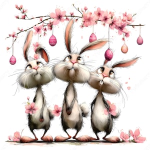 May include: Three cartoon bunnies with expressive faces, standing beneath a branch of pink cherry blossoms and hanging Easter eggs. The bunnies have fluffy white and gray fur, with pink accents on their ears and noses. Easter-themed illustration.