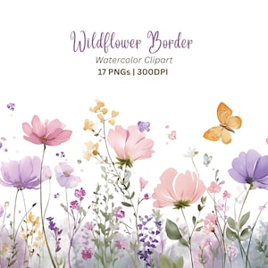 Könnte beinhalten: Aquarell-Clipart eines Wildblumenrands mit rosa, lila und gelben Blumen, grünen Blättern und Schmetterlingen. Der Text "Wildflower Border" ist in einer Schreibschrift über den Worten "Watercolor Clipart" geschrieben. Der Text "17 PNGs | 300DPI" ist ebenfalls enthalten.
