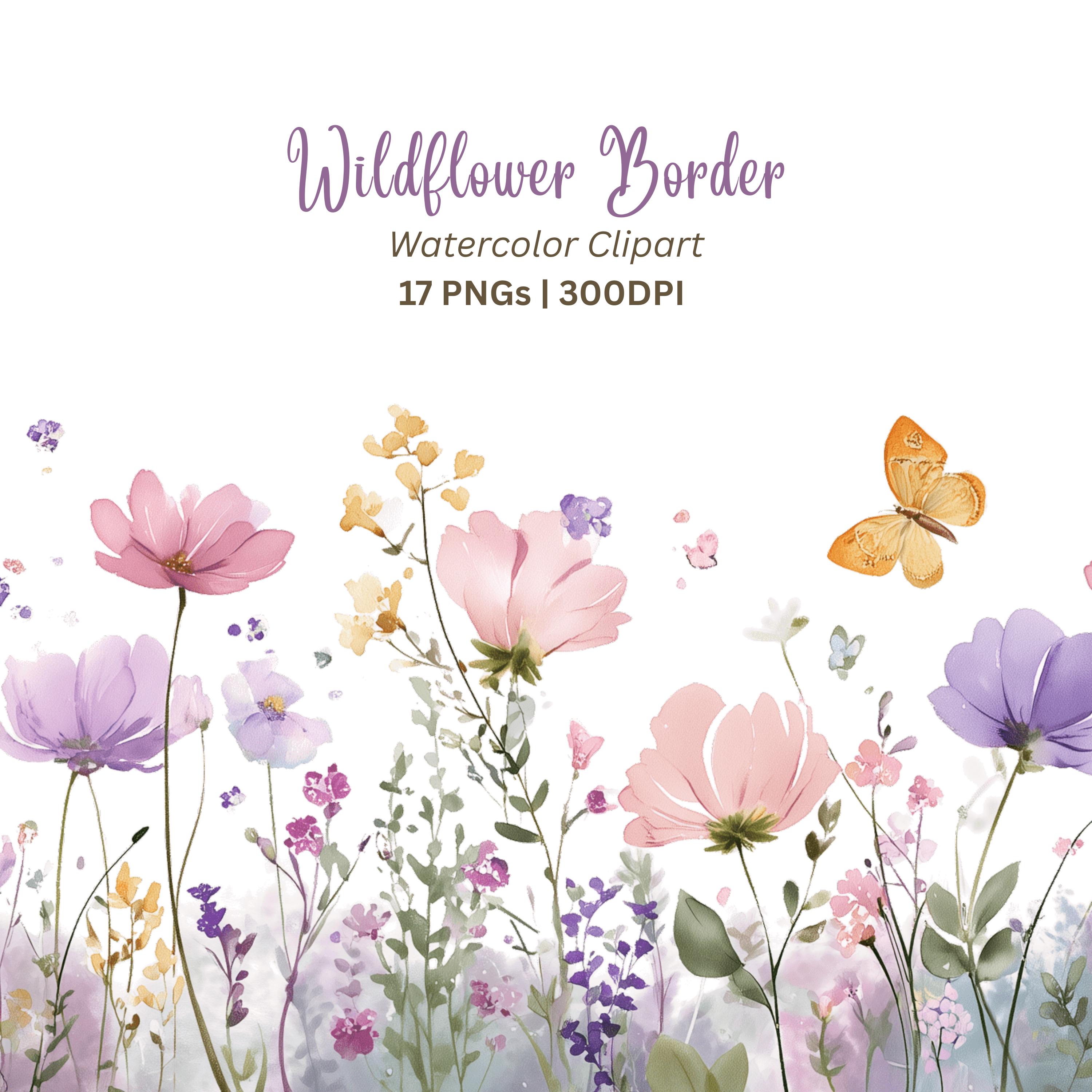 Wildflower Border PNG, 17 Watercolor Meadow Flower Strip Clipart for ...