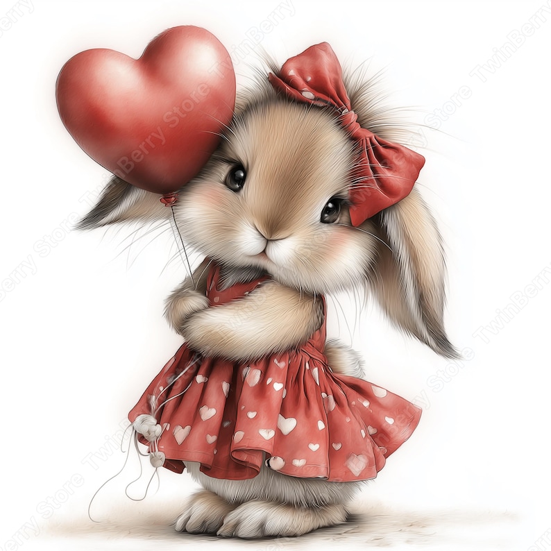 May include: A cute bunny illustration holding a red heart-shaped balloon. The bunny wears a red dress with white heart patterns and a matching bow. The image has a soft, pastel color palette, perfect for Valentine's Day or children's decor.