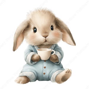 May include: A charming watercolour illustration of a bunny in a light blue onesie, holding a white teacup. The bunny has long ears, large black eyes, and a fluffy appearance. The image has a soft, pastel colour palette.
