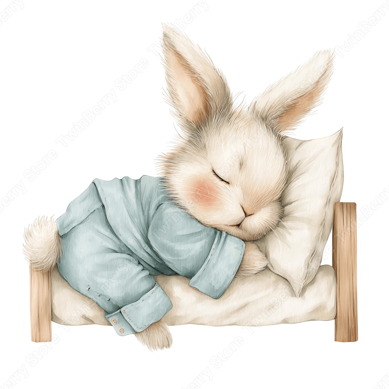May include: A watercolour illustration of a sleeping bunny in light blue pyjamas. The bunny is lying on a white pillow and a small wooden bed frame. The bunny has closed eyes and pink cheeks, suggesting a peaceful slumber.
