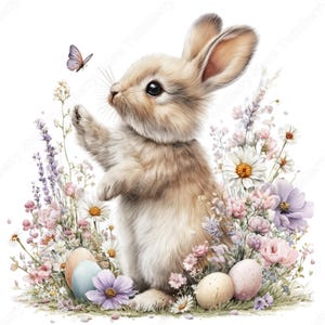 May include: A watercolor illustration of a fluffy bunny with light brown fur, standing amidst colorful flowers and Easter eggs. A butterfly hovers near the bunny's outstretched paw. The flowers include daisies, lavender, and pink blooms, creating a spring theme.