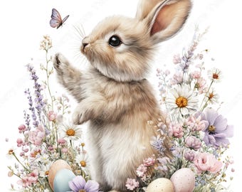 Easter Clipart JPG, 30 Realistic Bunny with Spring Floral Watercolor Bundle