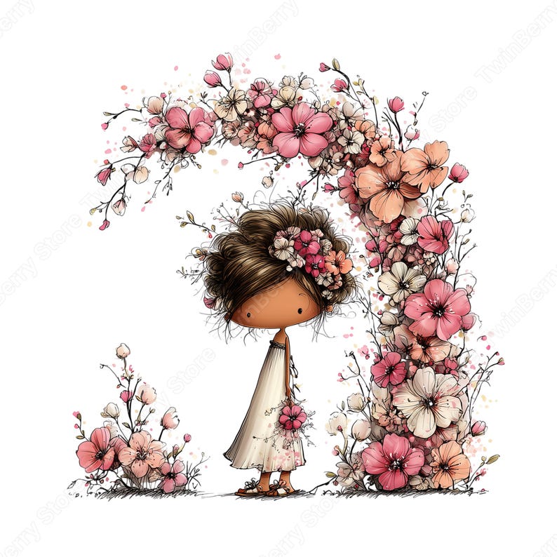 Vår Clipart PNG, 30 nyckfull flicka med blommor grafikpaket bild 5