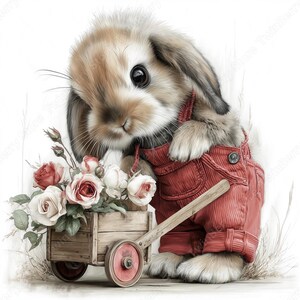 May include: A charming illustration of a bunny wearing red corduroy overalls, holding a wooden cart filled with roses. The bunny has brown and tan fur, with large, expressive eyes. The cart has red wheels and is filled with white and red roses.
