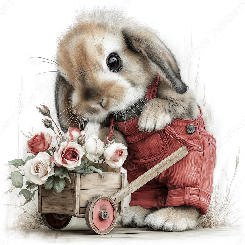May include: A charming illustration of a bunny wearing red corduroy overalls, holding a wooden cart filled with roses. The bunny has brown and tan fur, with large, expressive eyes. The cart has red wheels and is filled with white and red roses.