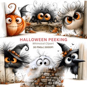 Pode incluir: Clipart de Halloween caprichoso com uma abóbora sorridente, uma aranha, uma coruja, um gato preto, um fantasma branco e um corvo, todos espreitando por trás de objetos. A imagem inclui o texto "Halloween Peeking" e "Whimsical Clipart".