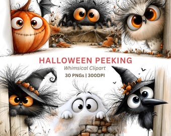 Halloween Peeking Clipart PNG, 30 Funny Ghosts Pumpkins and Cats Behind Fences for Stickers and Mugs