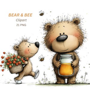 May include: A digital illustration featuring two cartoon bears and bees. One bear carries a basket of red berries, while the other holds a jar of honey. The image includes the text "BEAR & BEE Clipart 21 PNG". The bears are brown with pink cheeks.